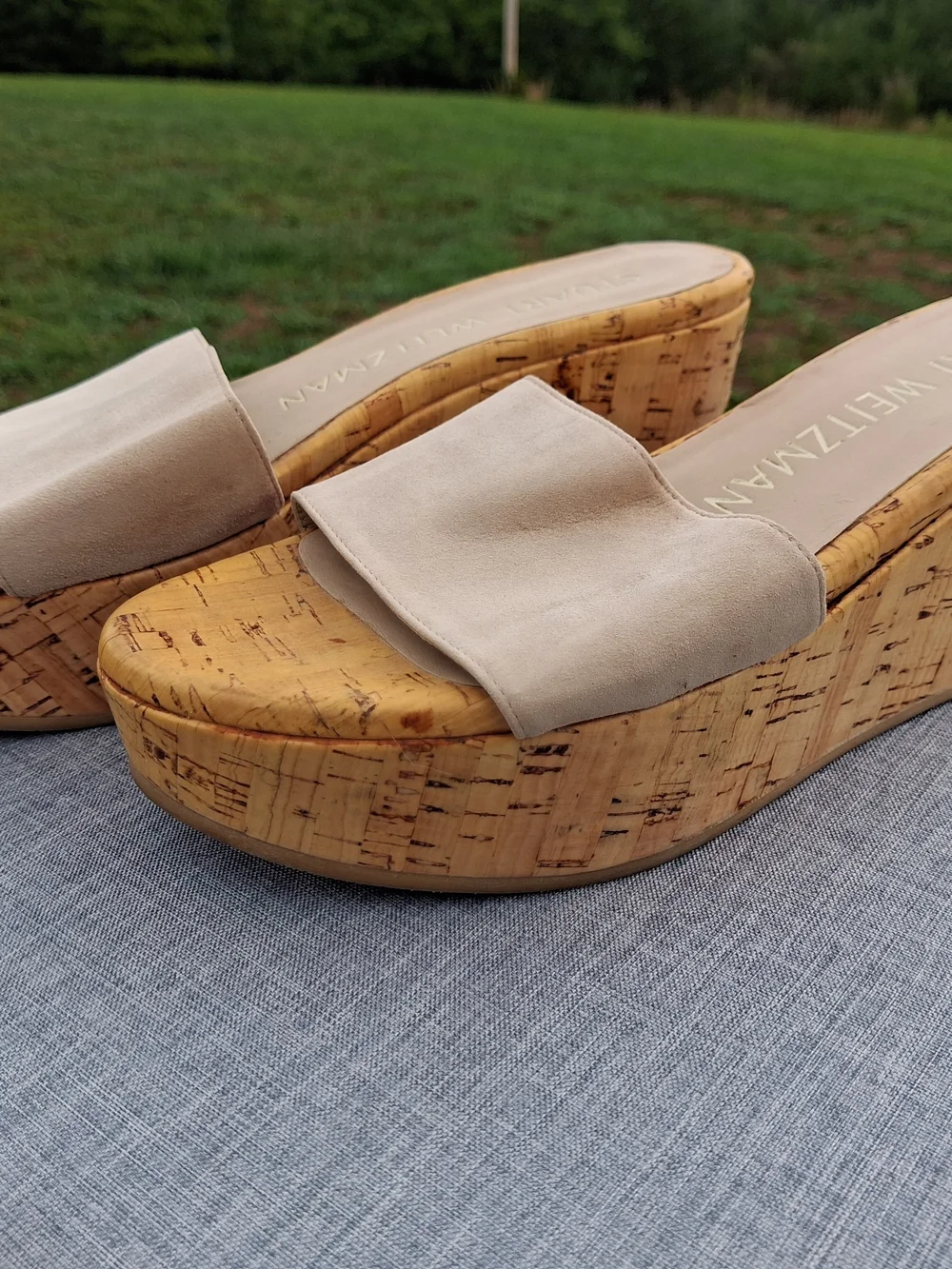 Stuart Weitzman Taupe Suede Cork Platform Wedge Slides Size 6B